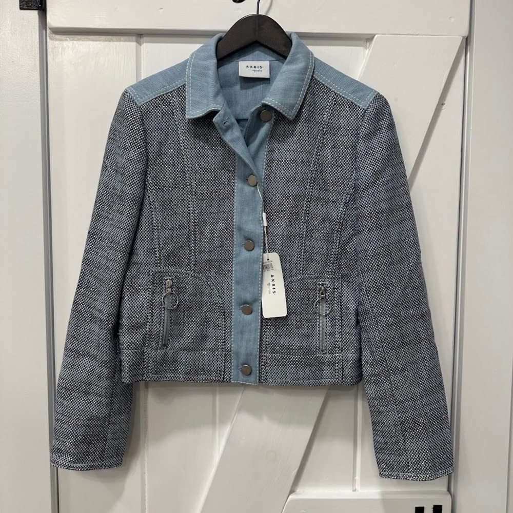 Akris Punto Women Jacket Size 8 Bleached Denim Navy Metallic Mixed Media NEW